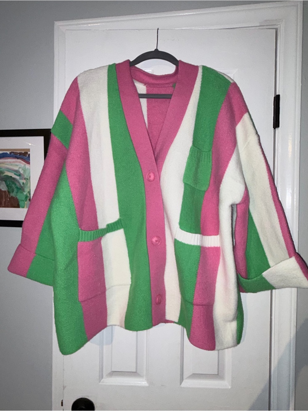 Pink, Green & White Oversized Stripe Cardigan Sweater